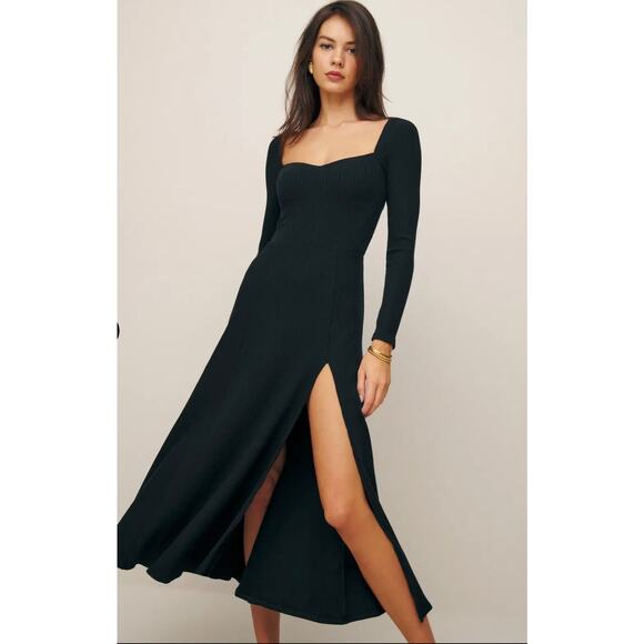 Reformation Banks Long Sleeve Ribbed Stretch-Modal Midi Dress Black Women's XS - Picture 1 of 8